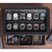 12-Slot Leather Watch Box with Valet Drawer