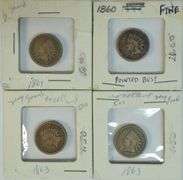 1860 Pointed Bust in Fine, scarce 1861 & 2 1863 Indian Head Cents in Good