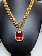 Dazzling 14 K Yellow Gold Plate Simulated Lab Padpaparacha Sapphire Chain Pendant Necklace