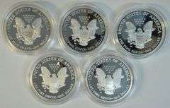 5 Gem Ultra Cameo Proof $1 Silver Eagles in boxes (no certs)