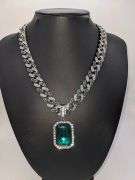 14 K White Gold Plate Simulated Emerald Pendant Necklace
