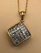 FANCY 14K YELLOW GOLD SQUARE SHAPE PAVE SET DIAMOND PENDANT NECKLACE
