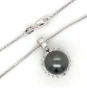 14kt White gold 12mm Tahitian pearl and diamond halo pendant on chain