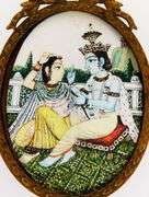 Antique Handpainted Radha Krishna on Porcelain, Framed