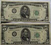 Two $5 1950 Unc Fed Reserve Notes