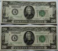 Two Consecutive $20 1928 Near  Unc First Series Numerical Gold Payable Notes