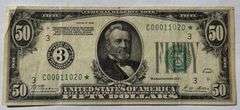 Scarce $50 1928 Numerical Series Gold Payable Star FR Note