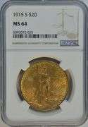 Better date Near Gem BU 1915-S St. Gaudens $20 Gold. NGC MS64
