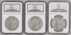 3 Nearly Gem BU Morgan Silver Dollars in NGC MS64 holders