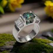 14 Kt White Gold Plated 3.15 Ct Paraiba Green Fire Moissanite Ring