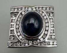 MENS 14K WHITE GOLD DIAMOND RING WITH CABOCHON BLUE SAPPHIRE