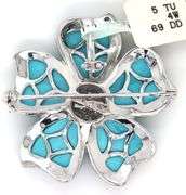 14kt White gold 0.53ctw diamond pave and turquoise flower brooch pendant
