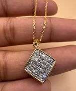 FANCY 14K YELLOW GOLD SQUARE SHAPE PAVE SET DIAMOND PENDANT NECKLACE