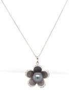 14kt White gold 10x10.5 Tahitian pearl and diamond flower pendant on chain