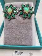 Very high quality hand made emerald and diamonds with opal on silver earrings