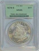 Solid Gem BU 1879-S Morgan Silver Dollar. Old Green Label PCGS MS65