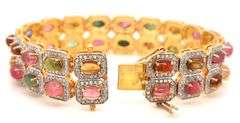 Jaw Dropping 19.00CTW Oval Multi Color Cabochon-Cut Tourmaline & 4.00CTW Diamond Bracelet in 14K Yel