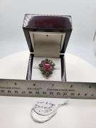 Extremely fine Victorian natural ruby, emerald, sapphire, diamonds ring on silver