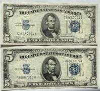 Two $5 1934 A Silver Certificate  Near Unc