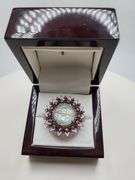 Extremely fine Victorian natural opal in center, diamonds ring on silver