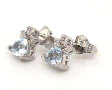 14kt White gold Triangle aquamarine and diamond accent stud earrings
