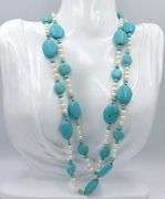 Oval Composite turquoise, pearl and gold bead two row necklace