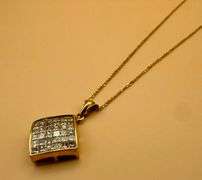 FANCY 14K YELLOW GOLD SQUARE SHAPE PAVE SET DIAMOND PENDANT NECKLACE