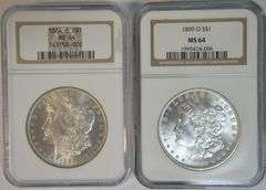 Frosty-white 1884-O & 1899-O Morgan Silver Dollars. NGC MS64