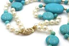 Oval Composite turquoise, pearl and gold bead two row necklace