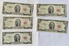 Five Uncirculated 1953 A $2 Red Seal US Notes