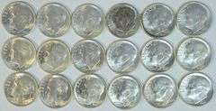 Partial Gem BU roll of 18 1946 Roosevelt Dimes.