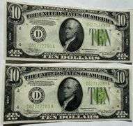 Two Fresh $10 Unc Consecutive 1934 Fed Reserve Notes