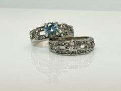 Dazzling 14 Kt Gold Plate 2 Band 1.5 Ct White Ice Blue Lab Simulated Diamond Ring Set