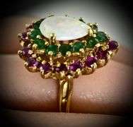 Colorful 18K Yellow Gold Opal, Emerald & Ruby Ring