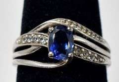 Blue Sapphire and CZ Gemstone Ring in Sterling Silver