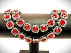 Beautiful 14 Kt White Gold Plated Huge 98.3 Gram Simulated Ruby Diamond Tennis Necklace