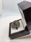 Extremely fine Victorian natural sapphire in center and emeralds, diamonds ring on silver