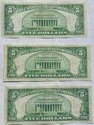 Three  Clean AU/ Unc $5 1934  Silver Certificates.