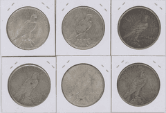 Run of 6 Different Peace Silver Dollars 1925 to 1928-S