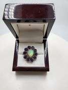 Extremely fine Victorian natural opal in center and sapphire, diamonds ring on silver