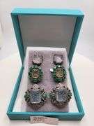 Hand made emerald and diamonds with 25ctw of hand carved topaz on silver earrings