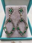Very high quality hand made emerald and diamonds on silver earrings