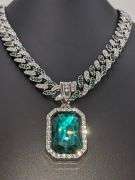 14 K White Gold Plate Simulated Emerald Pendant Necklace