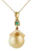 15.0MM Pearl Emerald and 1.00ctw Tapered Baguette Diamonds Pendant Necklace in 18K