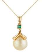 15.0MM Pearl Emerald and 1.00ctw Tapered Baguette Diamonds Pendant Necklace in 18K