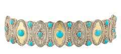 Konstantino Mixed Cut Turquoise Cabochon Filigree Two Tone Link Bracelet in 18K and Sterling