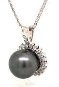 14kt White gold 12mm Tahitian pearl and diamond halo pendant on chain