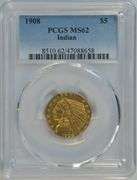 Lovely Choice BU 1908 $5 Indian Gold Piece. PCGS MS62
