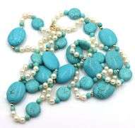 Oval Composite turquoise, pearl and gold bead two row necklace