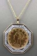 $10 Liberty coin and 1.20ctw diamond bezel Octagon pendant frame on rope chain necklace